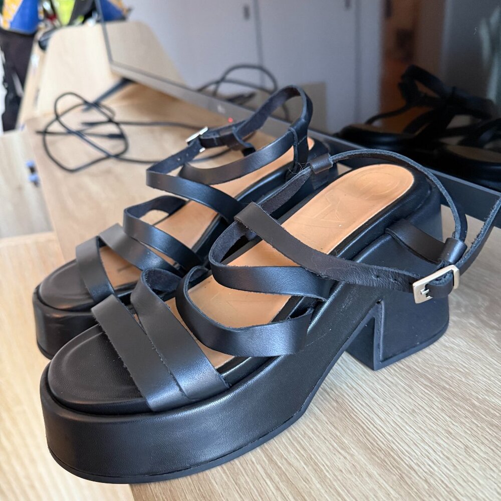 Ganni Strappy Platform Sandals In Black Calf Leather